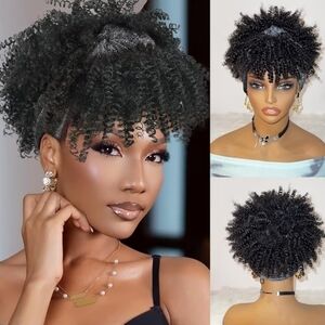 Kinky Curly Headband Wig with Bangs Head Wrap 2 in 1 Glueless Black